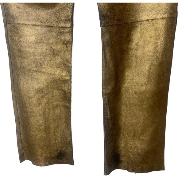 BCBGMaxazaria Gold Bronze Zip Front Genuine Leather Straight Leg Pants - Picture 12 of 14